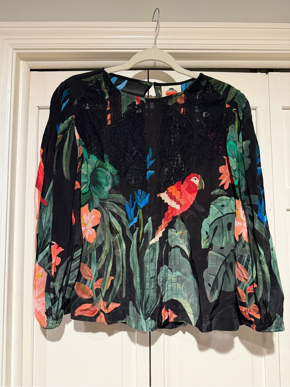 FARM Rio Midnight Macaw Fiesta Black Blouse with Lace Detail Tropical Top - Picture 4 of 10